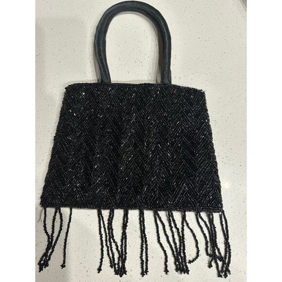 Black Beaded Evening hand bag Fringe Satin Handles Formal Party Night out - Picture 2 of 8
